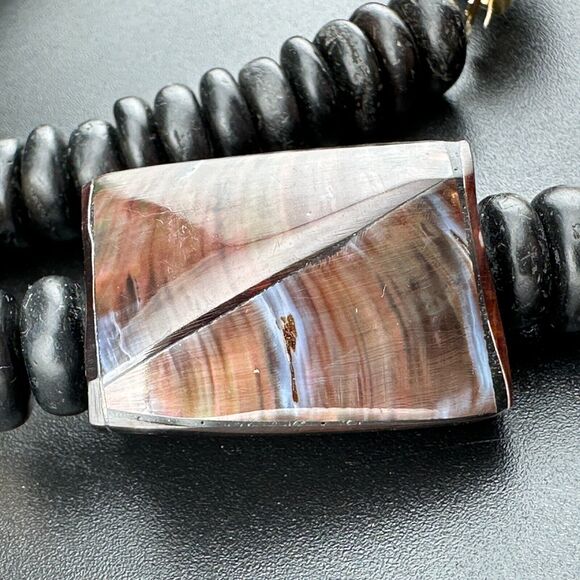 Vintage Handmade Chunky Seashell Coconut Shell Beads Necklace MOP 11" Black Tan - Picture 5 of 9